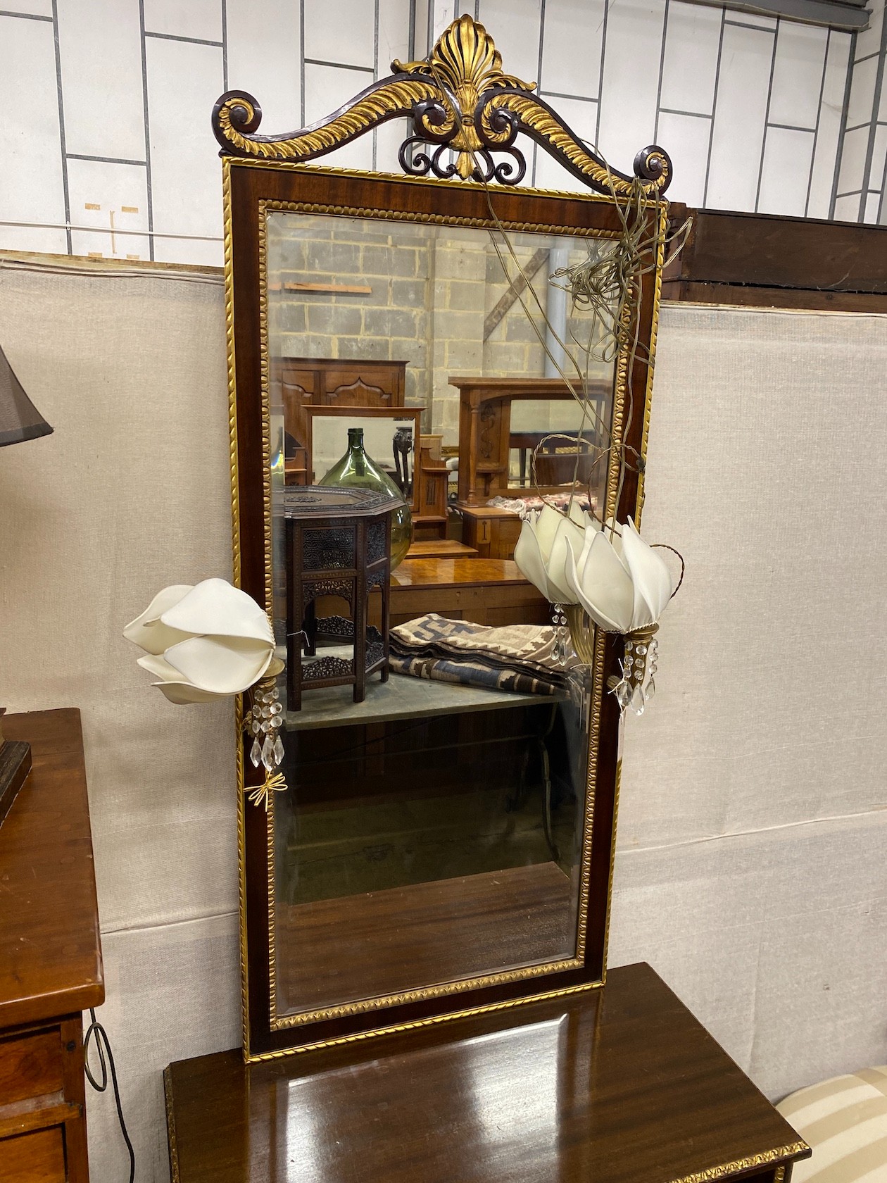 A Regency style parcelgilt console cabinet and pier mirror, width 83cm, depth 41cm, height 212cm